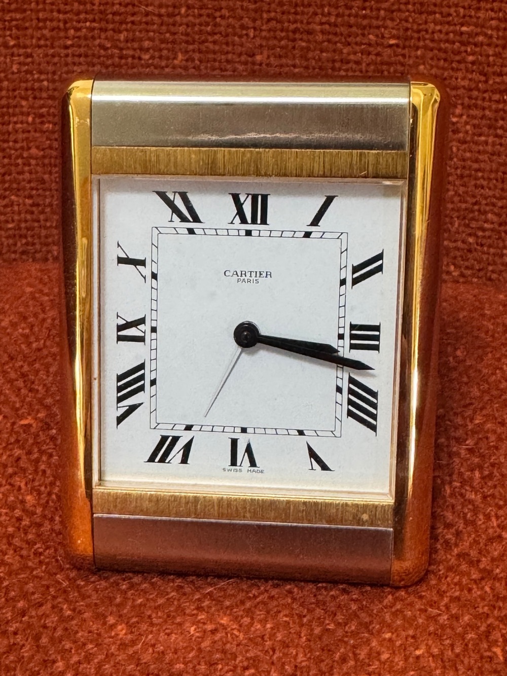Vintage Cartier Paris Tank Desk Clock Two Tone Gold Steel Swiss Quartz Ref 7505